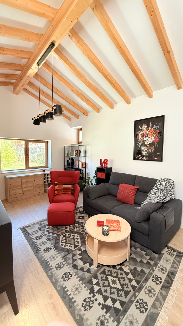 Living area beneath exposed timber roof beams