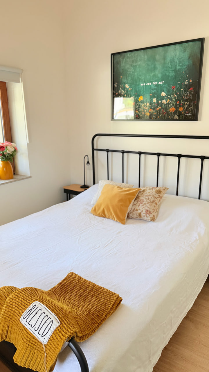 Bedroom with black metal bed and mustard textiles
